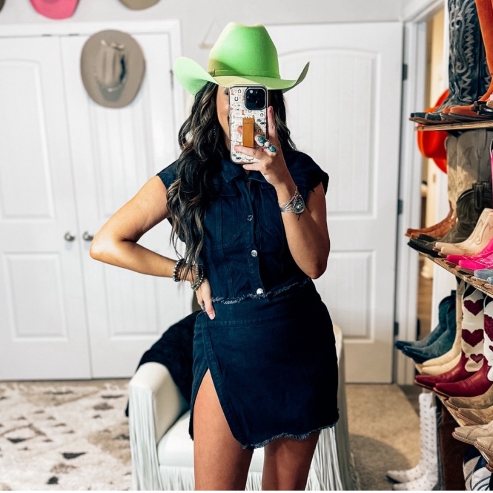 Petite black wrap over denim mini dress